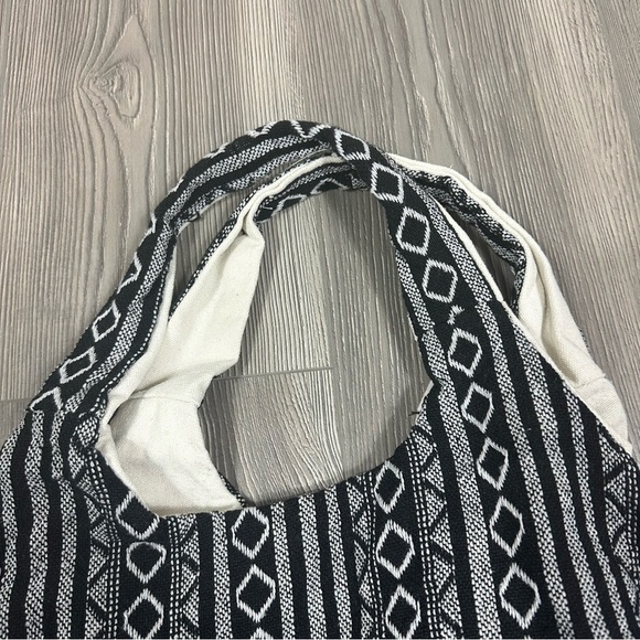 Boho Canvas Shoulder Bag Black White Geometric Print Tote Slouchy Bag - Picture 3 of 7
